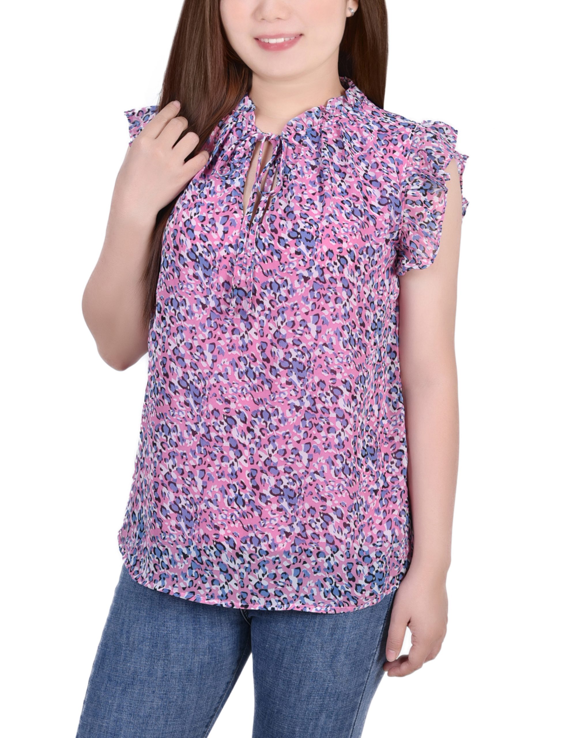 Ruffled Sleeve Blouse With Tie Closure