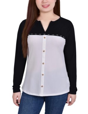 Long Sleeve Studded Colorblocked Split Neck Top