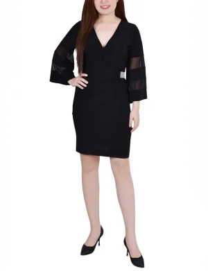 Sheer-Sleeve Wrap Dress