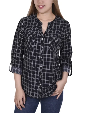 3/4 Roll Tab Sleeve Mandarin Collar Blouse