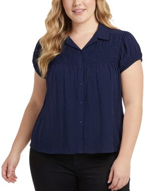 NY Collection Plus Size Cap Slv Rouched Yoke Blouse