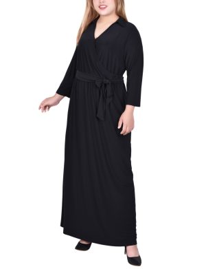 NY Collection Plus Size 3/4 Sleeve Belted Maxi Dress